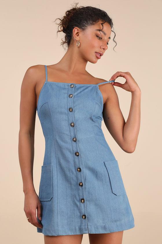 Honora Medium Wash Denim Button-Front Mini Dress Product Image