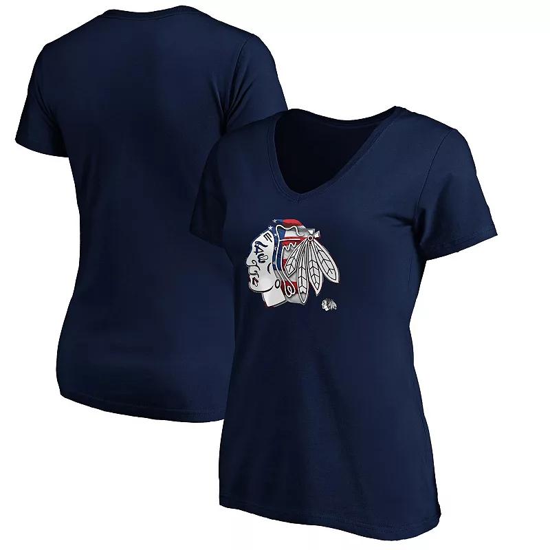 Women's Navy Chicago Blackhawks Banner Wave Logo V-Neck T-Shirt T-Shirt,  Product Image