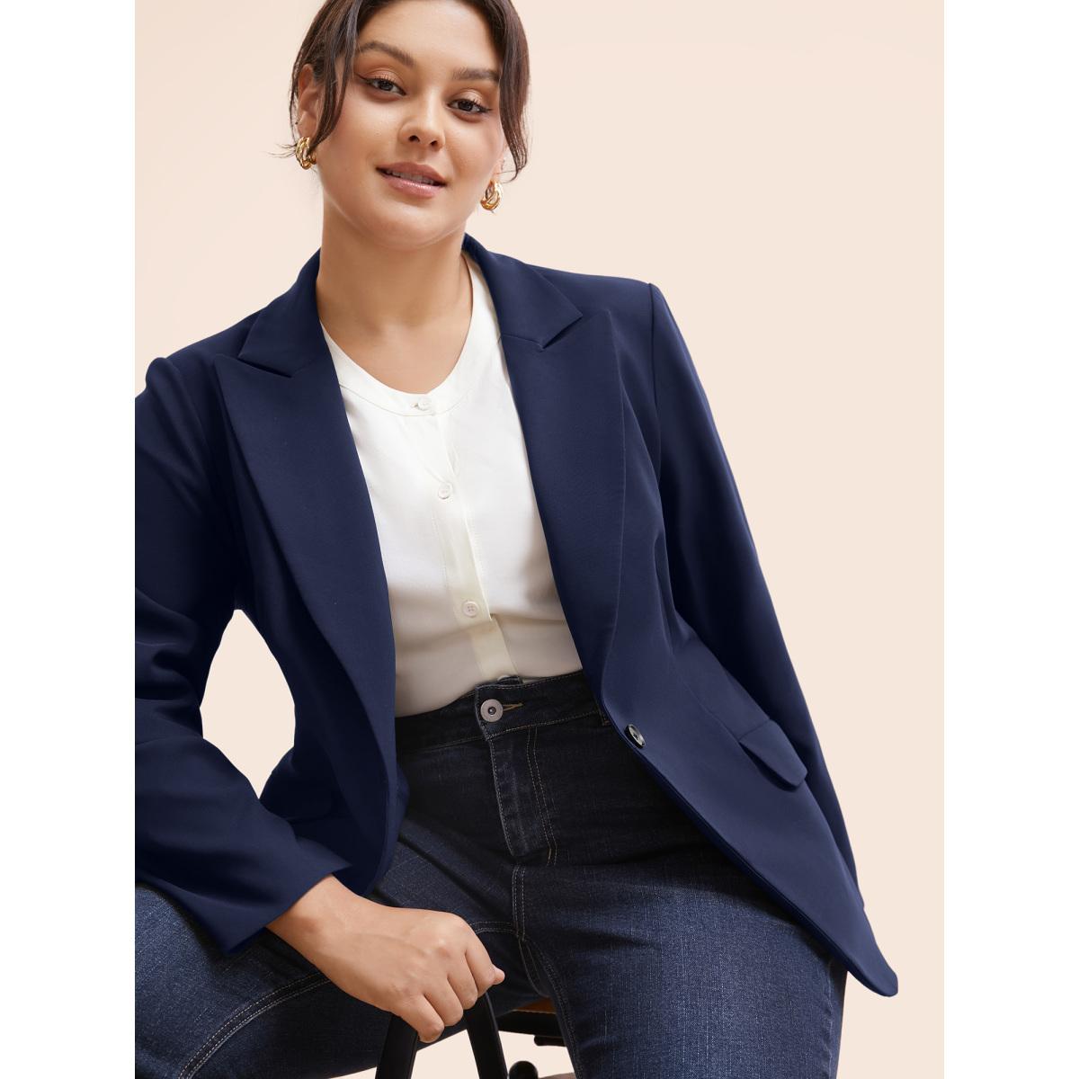 Plus Size Stretch Woven Pocket Slim-Fit Blazer Indigo Women Work Button Sleeve Extra Long Sleeve Suit Collar 12/L Open pocket with flap At the Office Blazers BloomChic Product Image