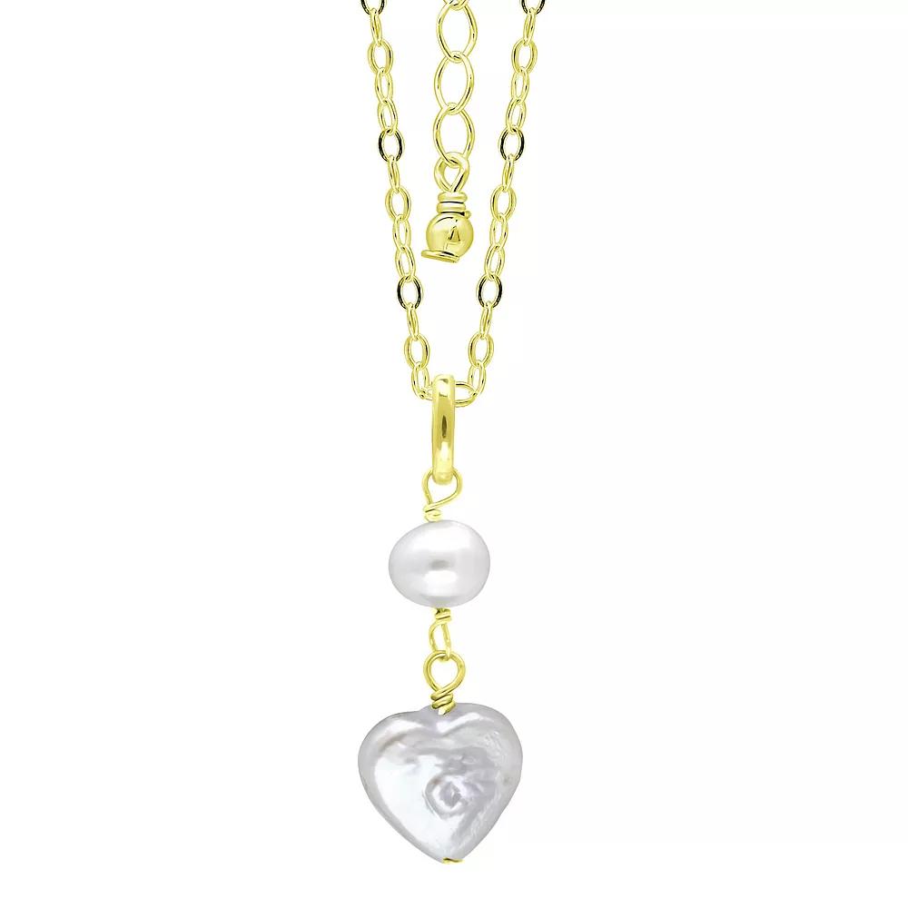 Aleure Precioso 18k Gold Over Silver Double Freshwater Cultured Pearl Heart Drop Pendant Necklace, Womens Gold Tone White Product Image