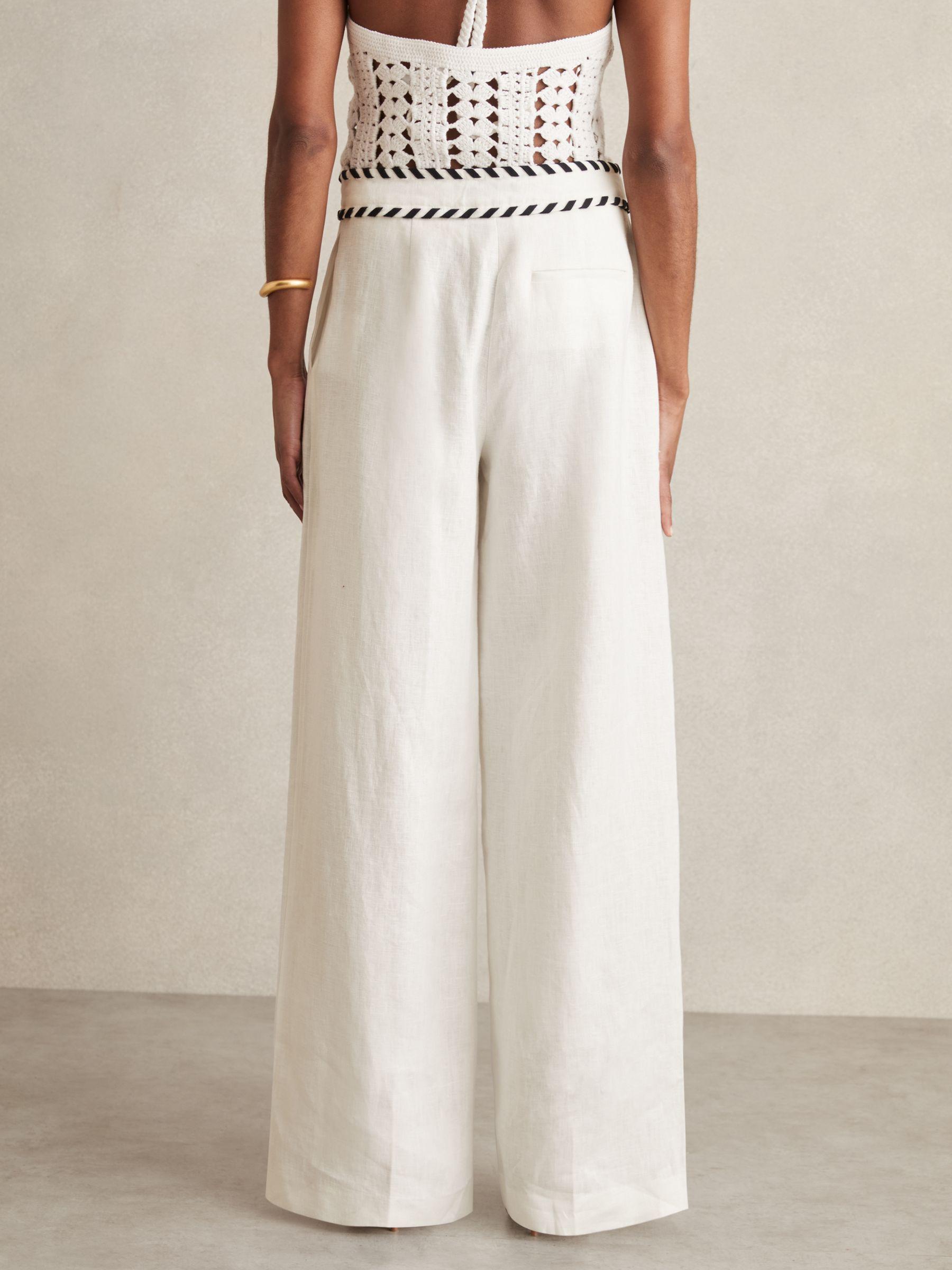 Linen Wide-Leg Whipstitch Trousers in White Product Image