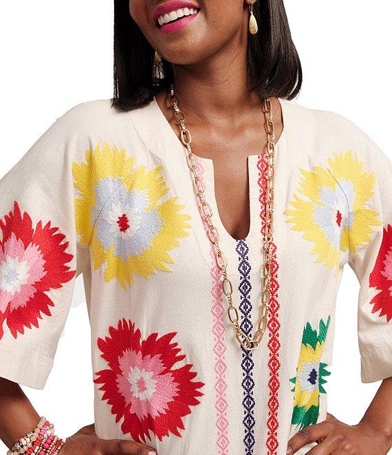 FRANCES VALENTINE Charming Fireflower Print Split U-Neck Short Sleeve Caftan Maxi Dress Product Image