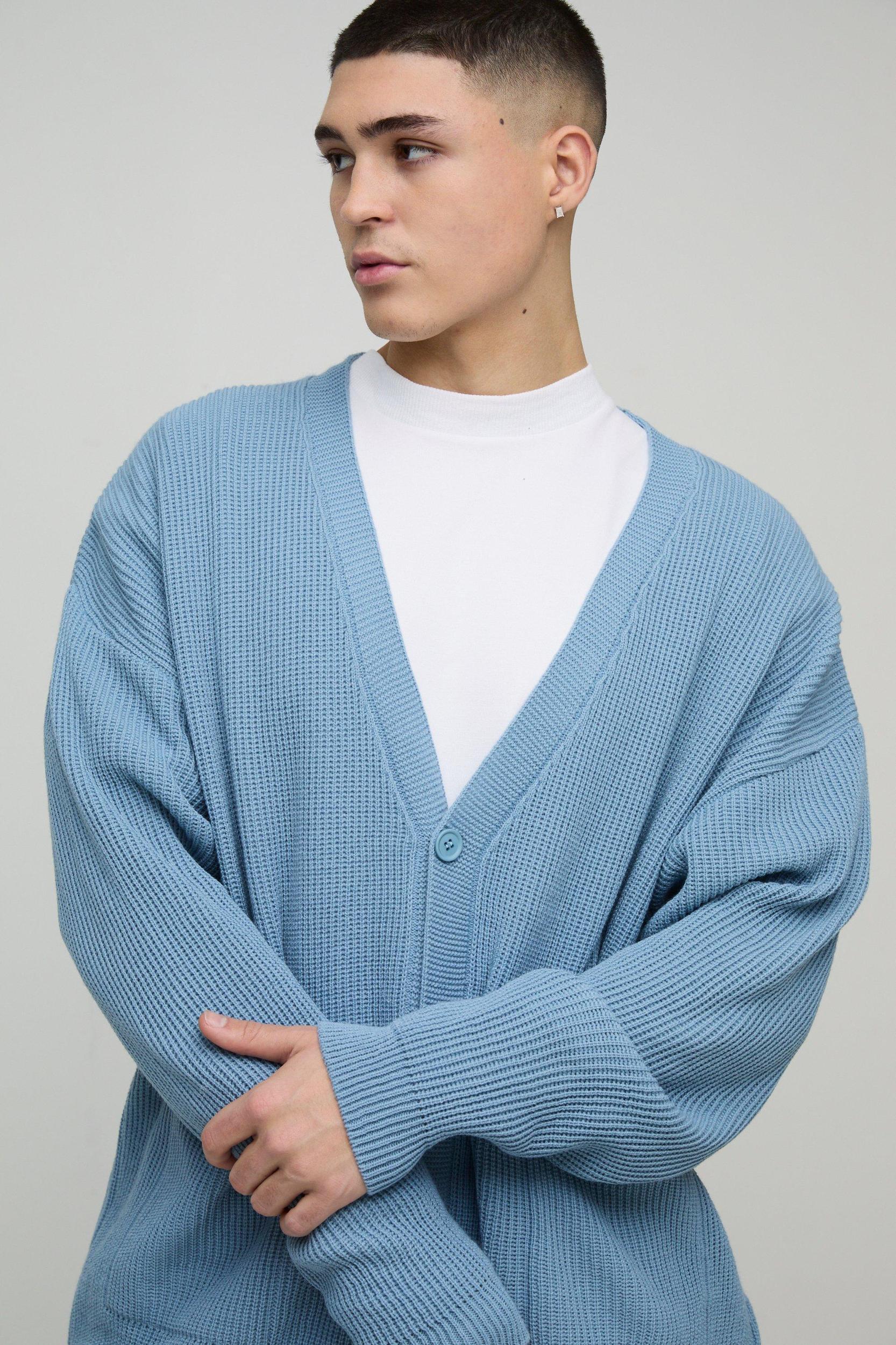 Oversized Dropped Shoulder Ribbed Knitted Cardigan | boohooMAN USA Product Image