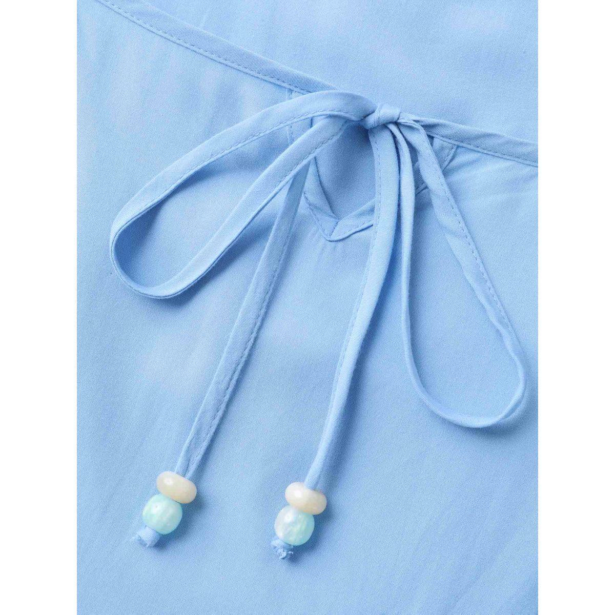 Plus Size Lace Trim Neck Tie Solid Midi Dress LightBlue Women Boho Square Neck Sleeveless Curvy BloomChic 10/M Product Image