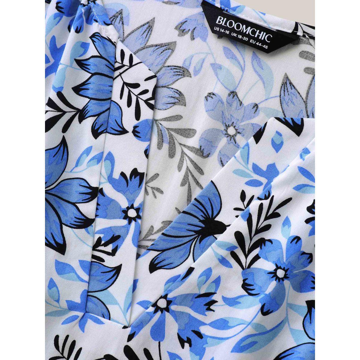 Plus Size Skyblue Floral Notched Collar Shirred Waist Blouse Women Short sleeve Flat collar Everyday-Elegant Blouses BloomChic 14-16/1X Product Image