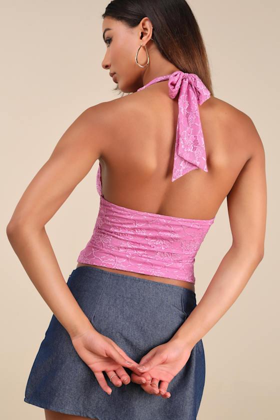 Nadley Pink Lace Halter Neck Crop Top Product Image