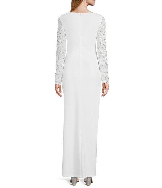 Marina Stretch Crepe Long Beaded Sleeve Round Neck Walk Thru Jumpsuit Product Image