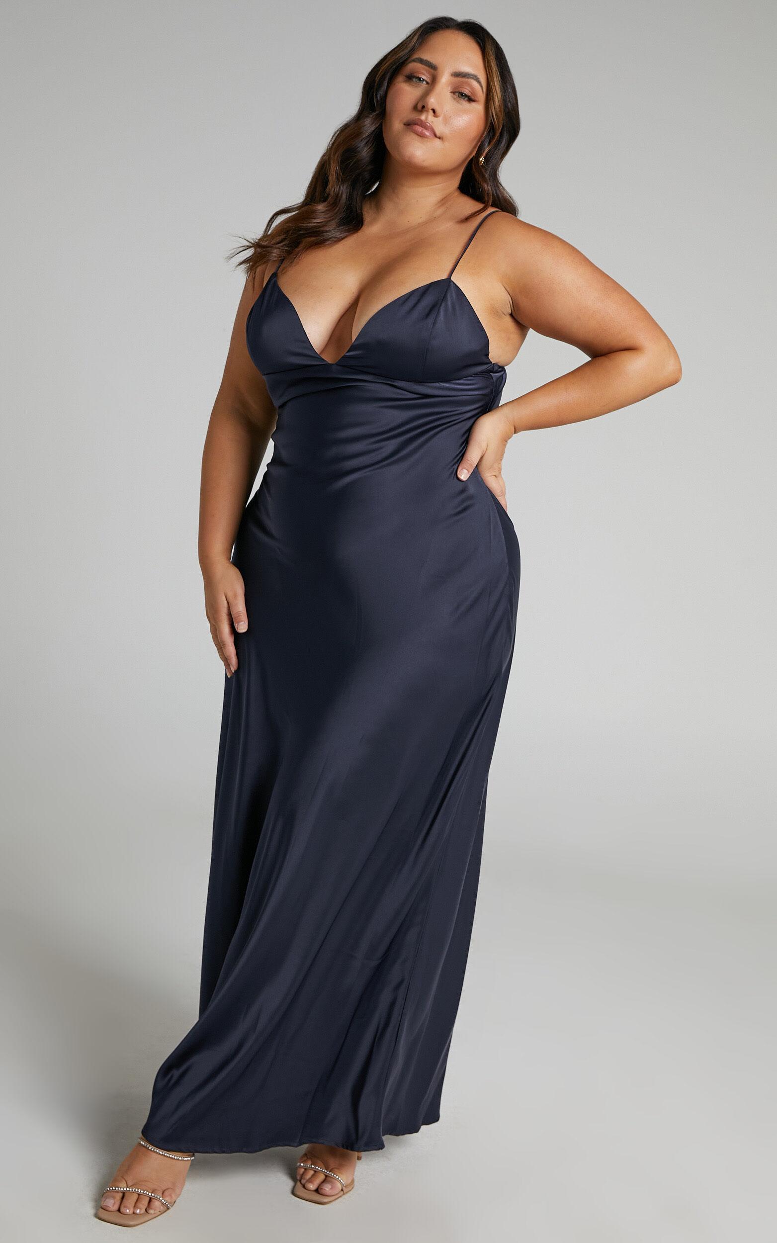 Cariela Midi Dress - Plunge Neck Satin Dress in Navy Product Image