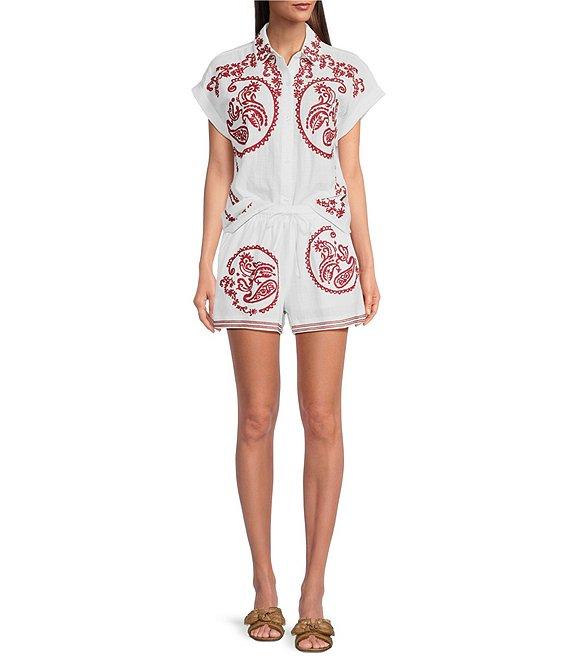 Reba Top Amber Textured Woven Coordinating Point Collar Short Sleeve Paisley Embroidered Top Product Image