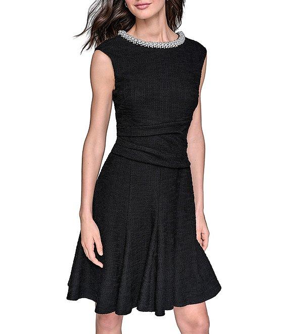 KARL LAGERFELD PARIS Stretch Texture Tweed Crew Neck Cap Sleeves Embellished Fit & Flare Midi Dress Product Image