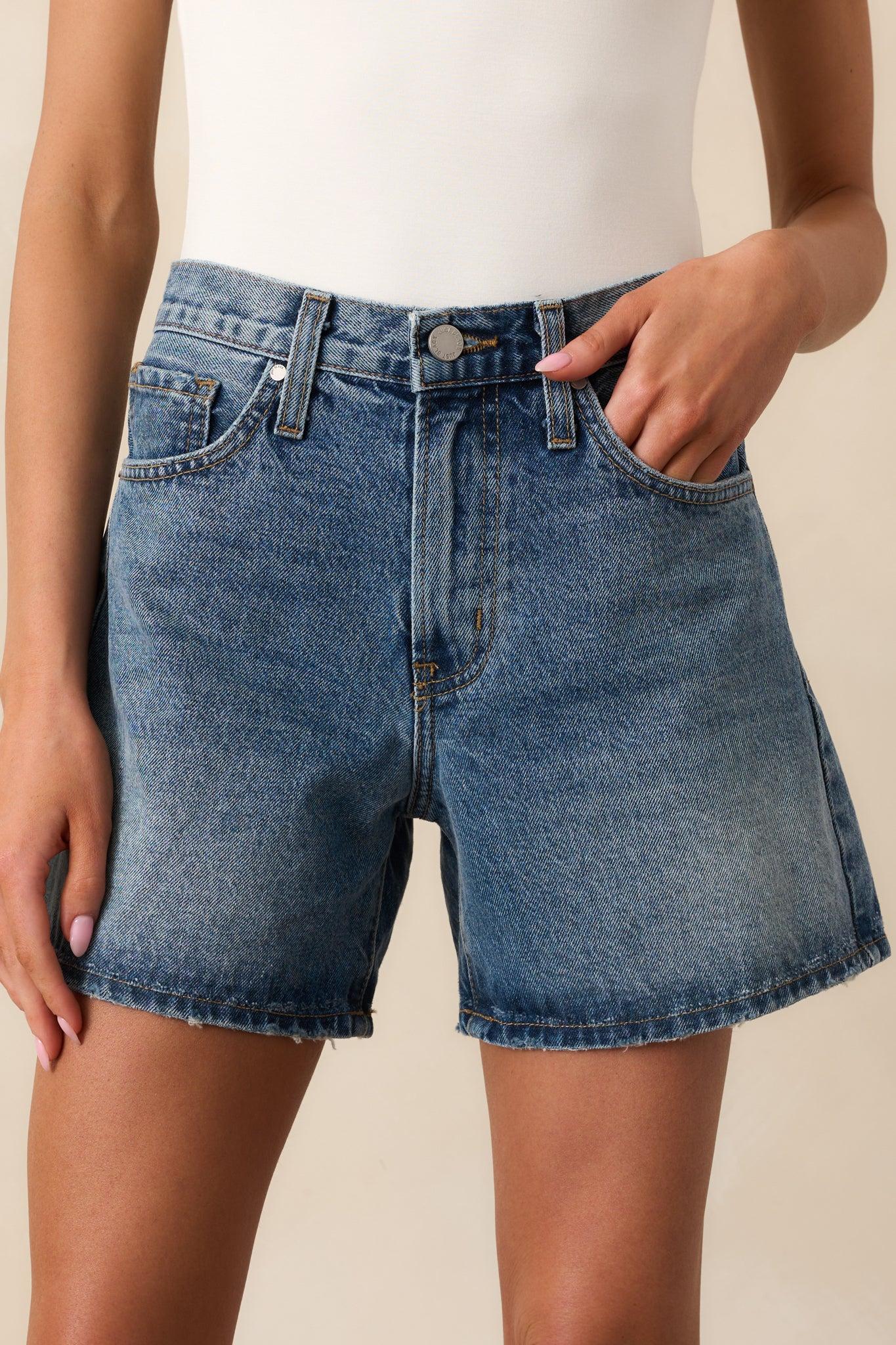 No Time To Waste Medium Wash High Waisted Denim Shorts L / Medium Wash Product Image