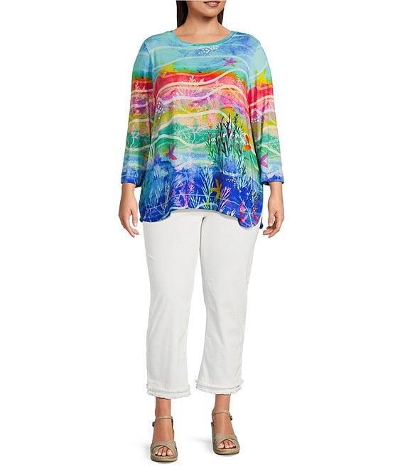 Ali Miles Plus Size Knit Aquatic Style Print Round Neck 3/4 Sleeve Tunic Product Image