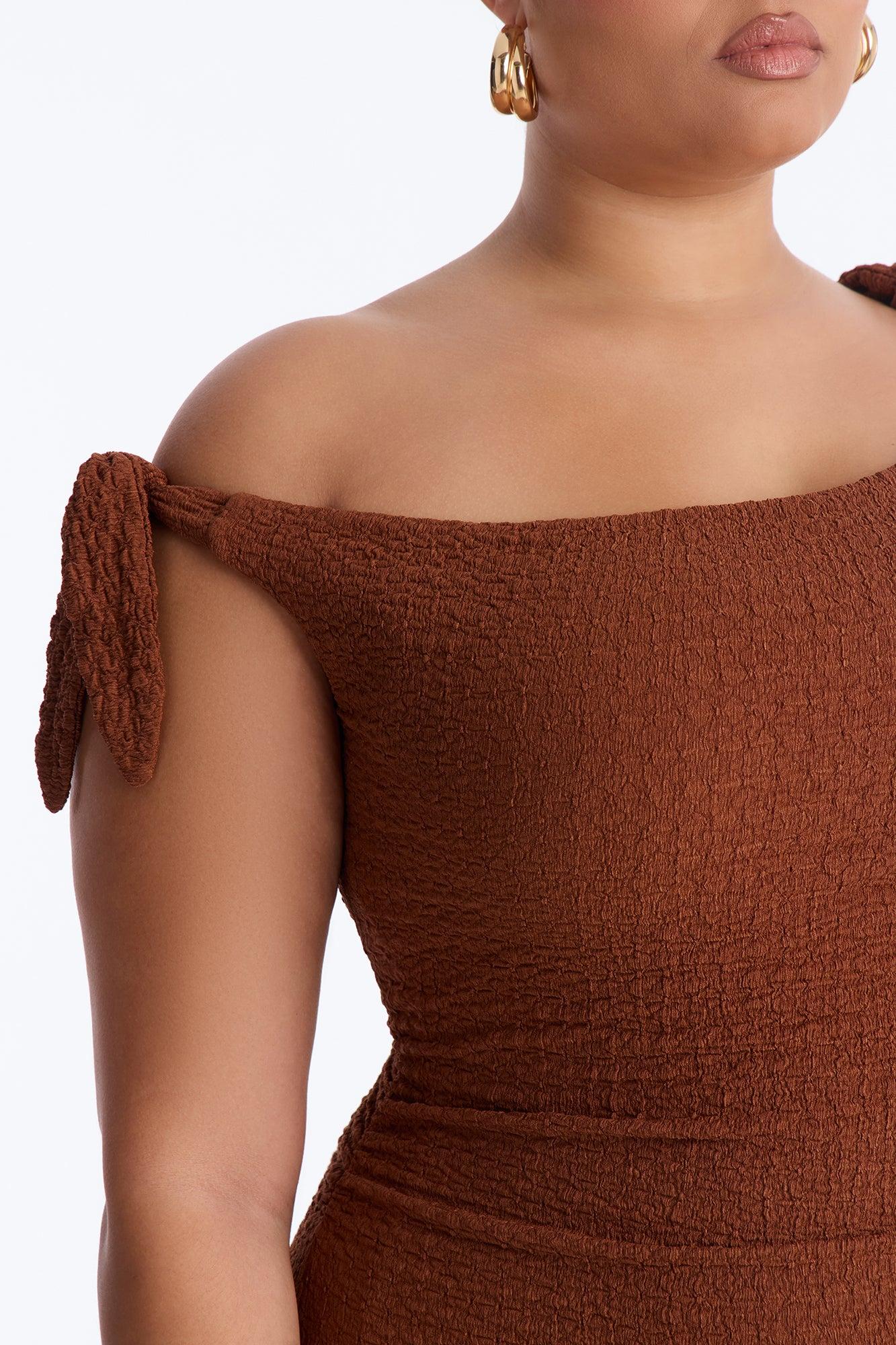 Crystal One Shoulder Textured Midi Dress - Chocolate Female Product Image