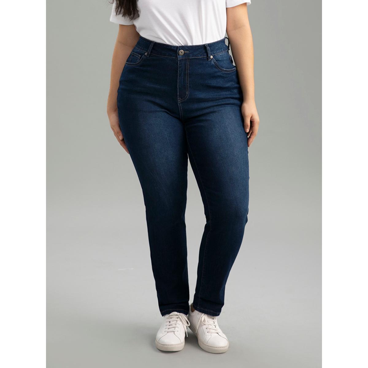 Plus Size Cutoff Roll Hem Full Length Jeans Women DarkBlue Casual Plain Plain High stretch Pocket Jeans BloomChic 22/3X Product Image