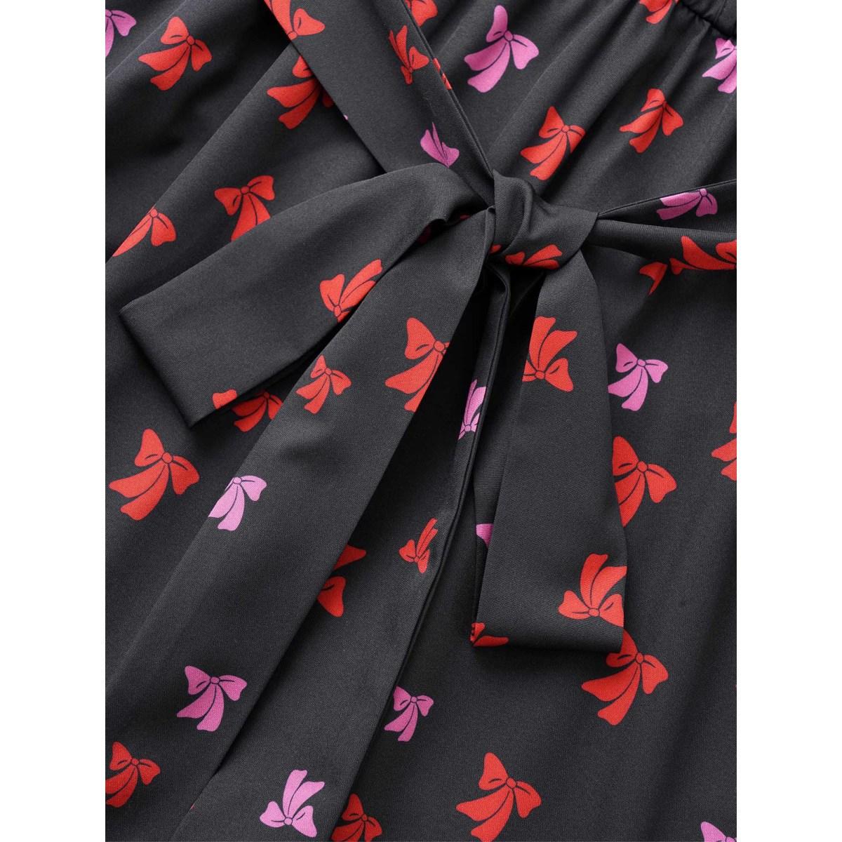 Plus Size Bowknot Overlap Collar Pocket Belted Dress Black Women Elegant Non Overlap Collar Short sleeve Curvy Midi Dress BloomChic 22-24/3X Product Image