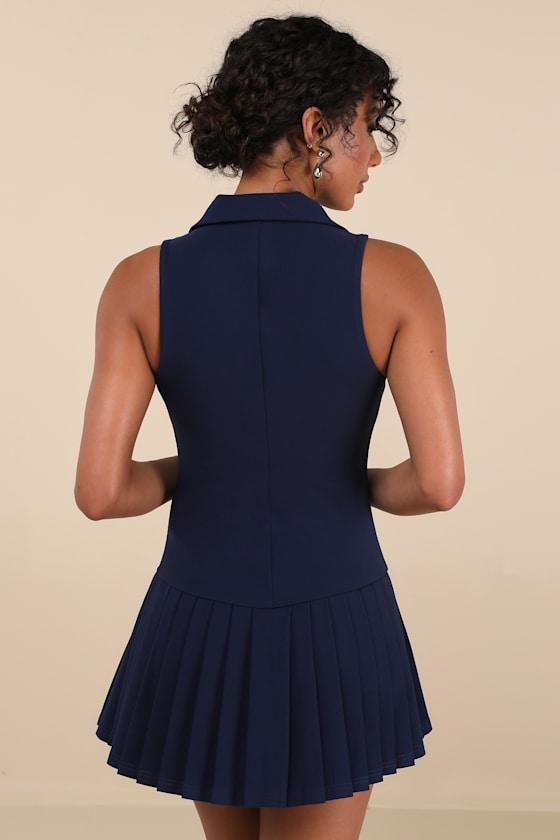 Posh Vision Navy Sleeveless Blazer Pleated Mini Dress Product Image