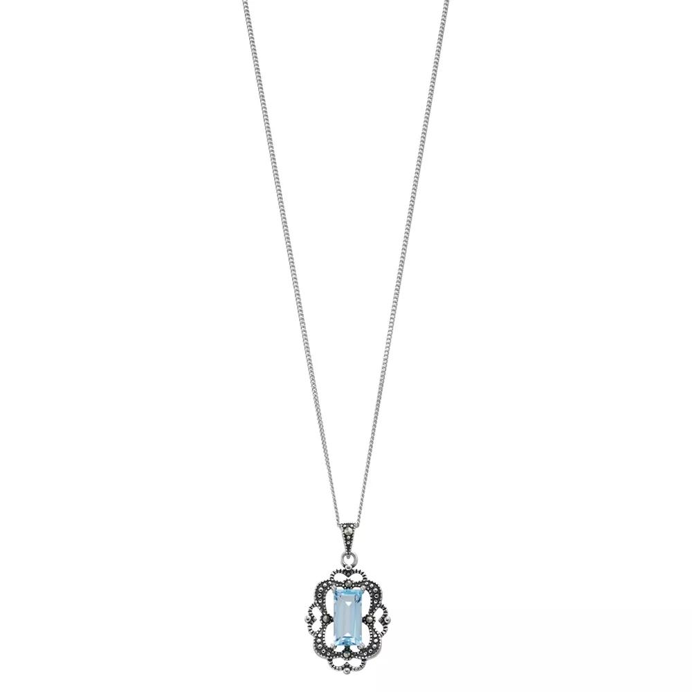 Tori Hill Sterling Silver Blue Topaz & Marcasite Pendant Necklace, Women's, Size: 18" Product Image