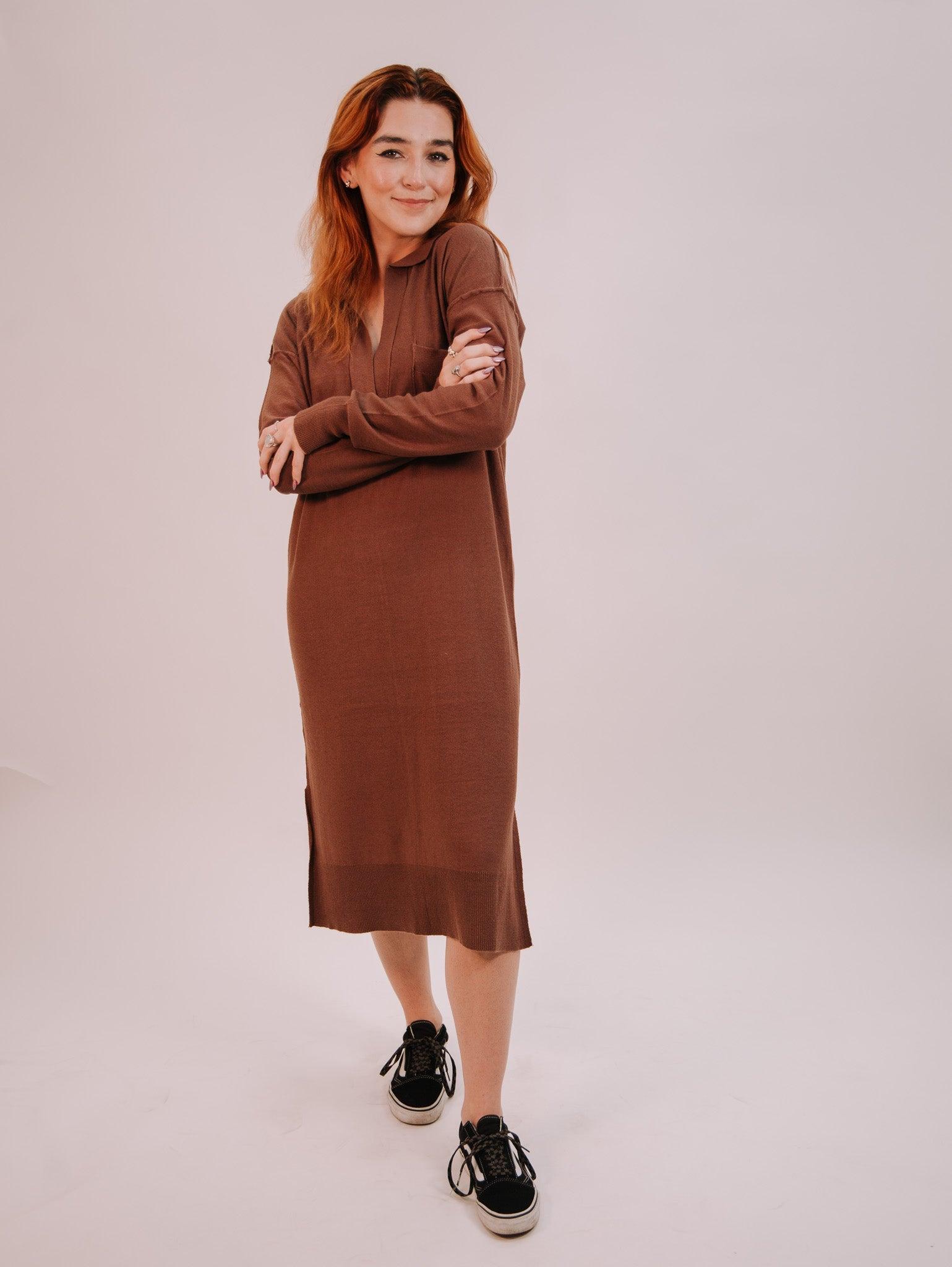 By Together Knit Sweater Long Sleeve Collar Neck Dress - Chocolate Product Image