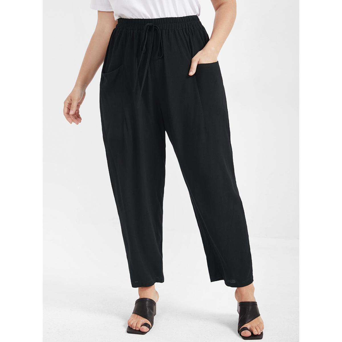 Plus Size Solid Ties Elastic Waist Pocket Pants Women Black Casual Harem High Rise Dailywear Pants BloomChic 22-24/3X Product Image