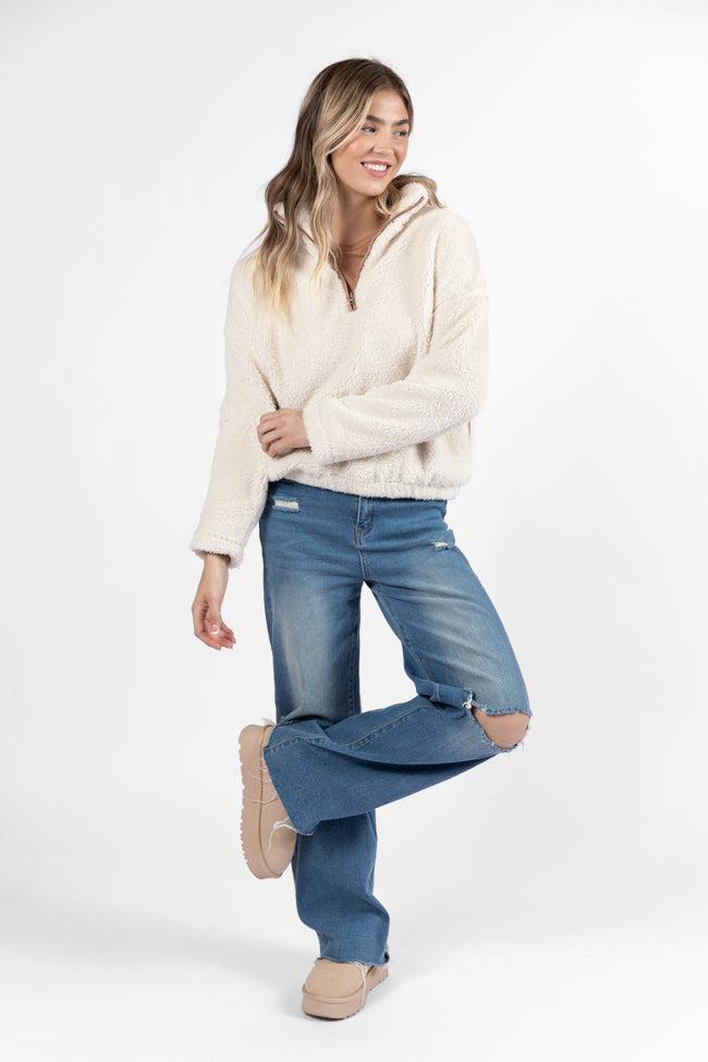 Stay Here Beige Contrast Trim Sherpa Pullover FINAL SALE Product Image