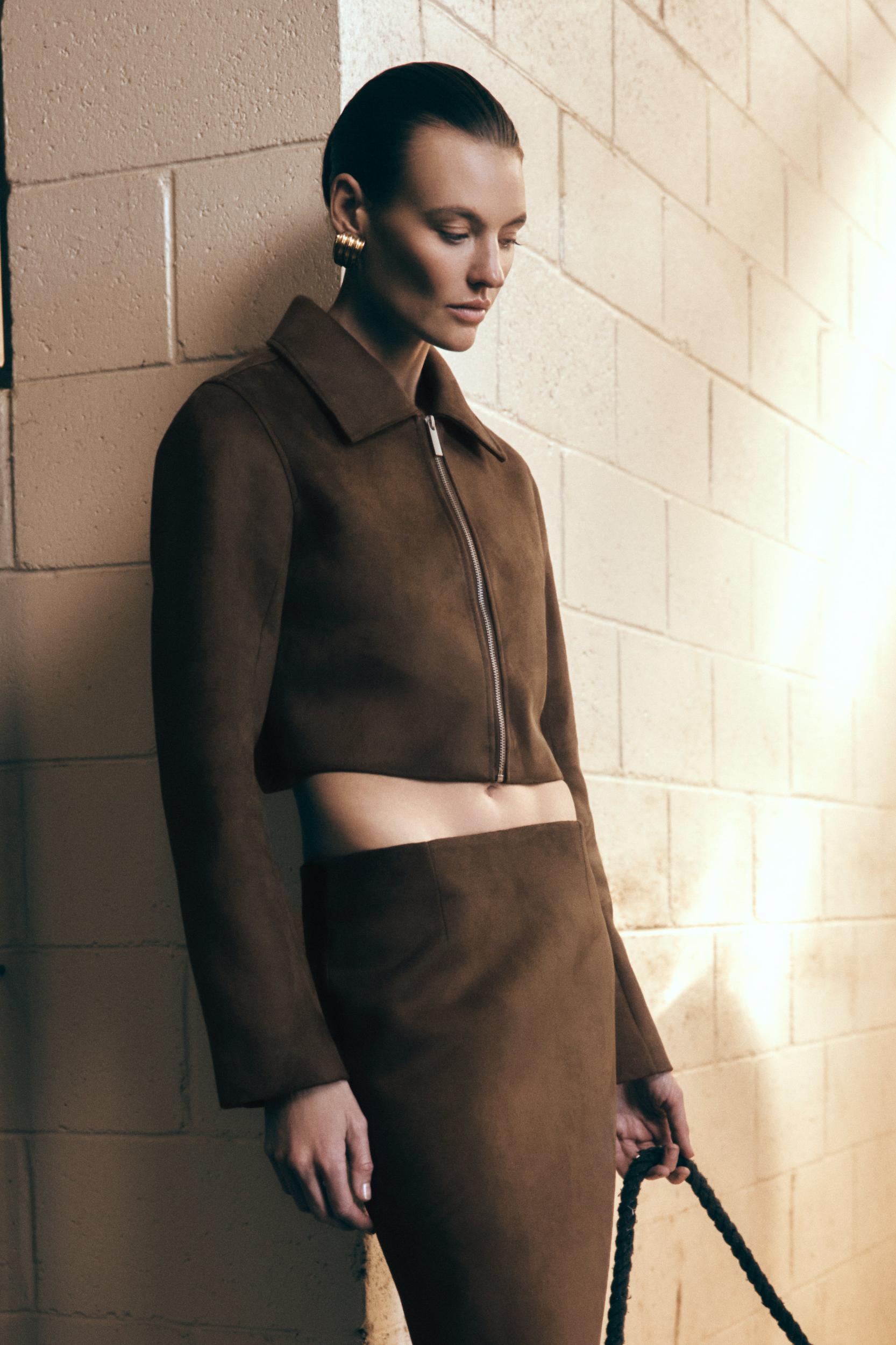 Hayes Faux Suede Collared Jacket - Chocolate Product Image