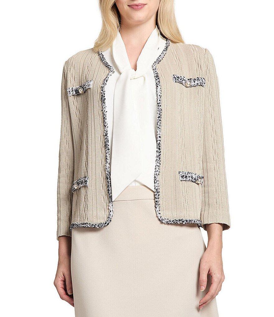 Ming Wang Knit V-Neck Bracelet Sleeve Eyelash Trim Jacket Product Image