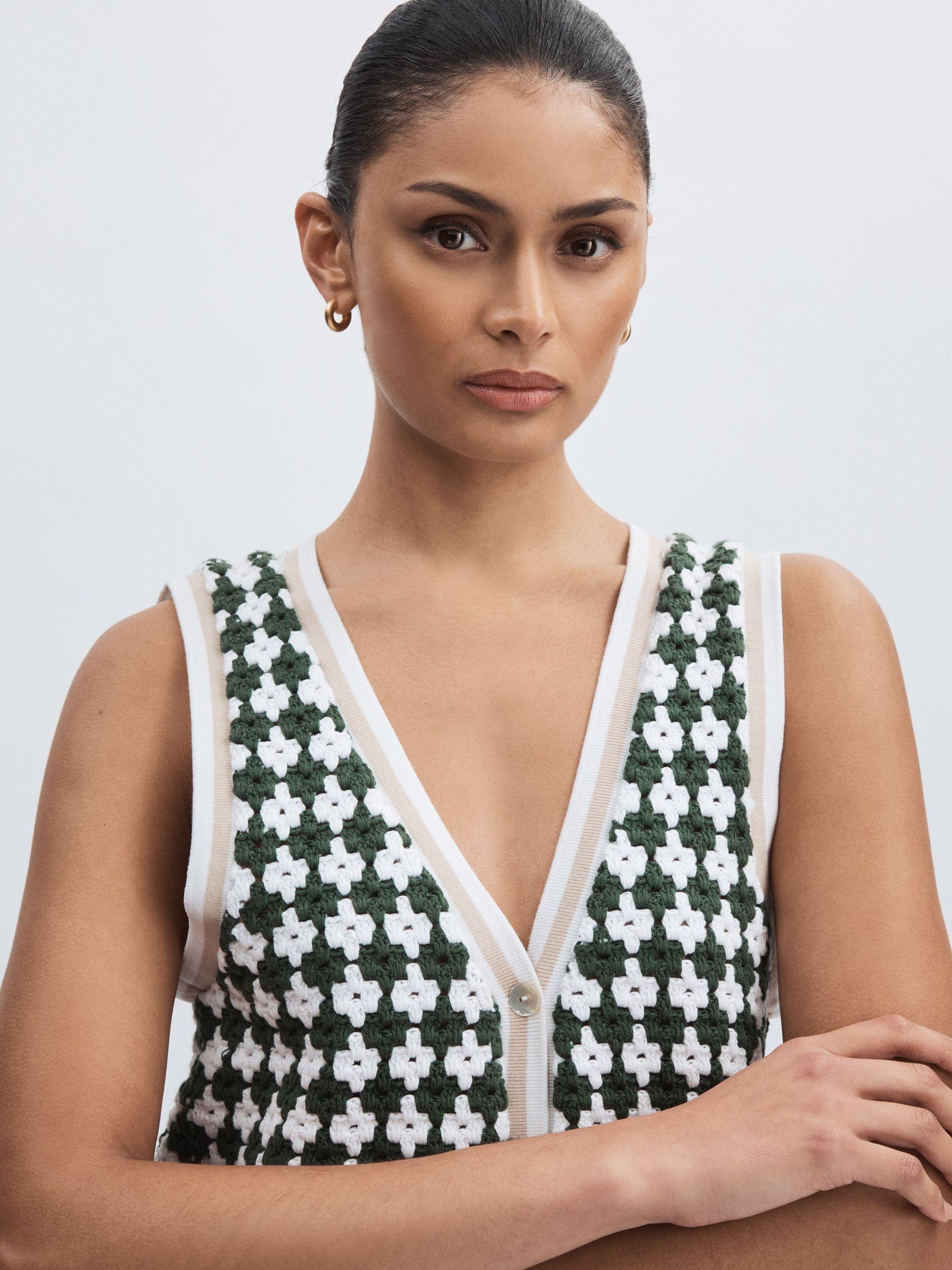 Crochet Button Through 100% Cotton Vest in Green Product Image