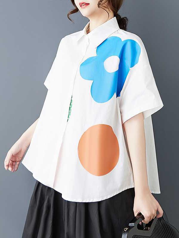 Loose Short Sleeves Buttoned Flower Print Lapel Blouses&Shirts Tops Product Image