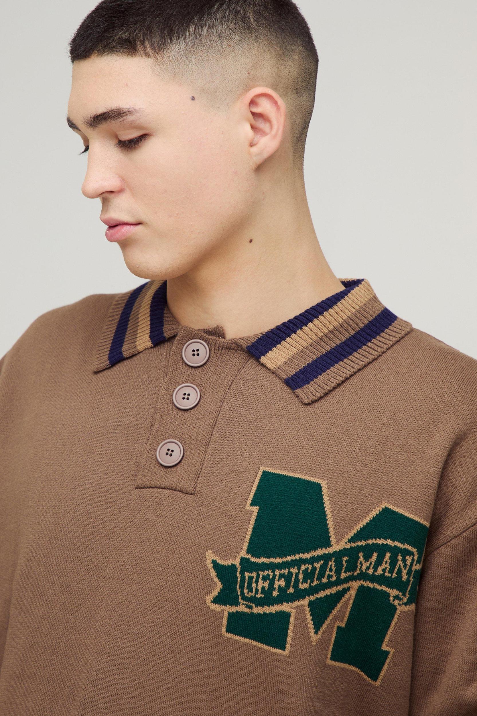 Oversized Boxy Knitted Applique Polo Shirt | boohooMAN USA Product Image