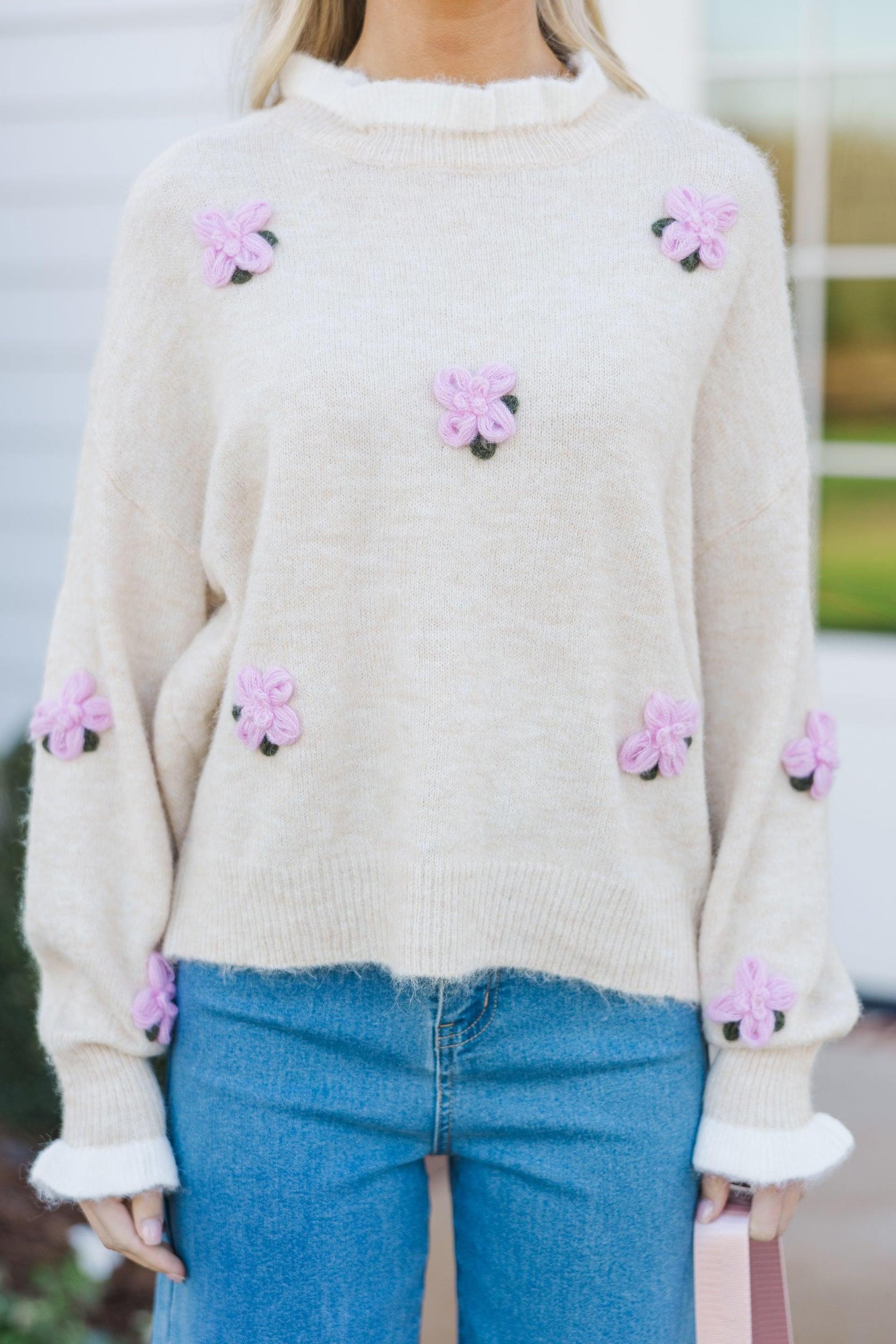 On My Time Oatmeal Floral Sweater Female Product Image
