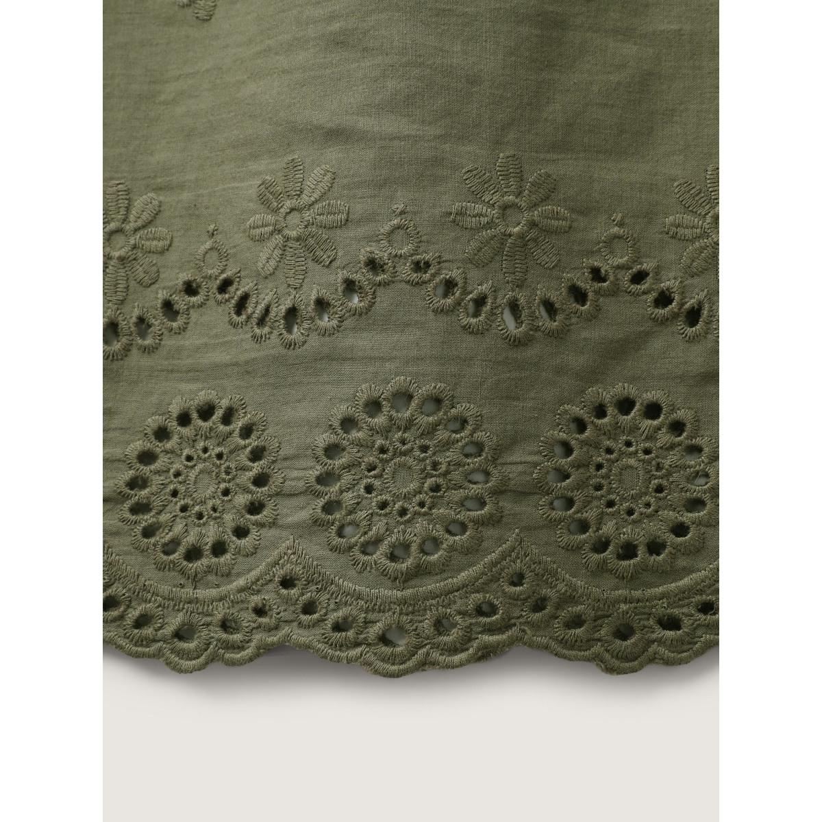 Plus Size Cotton Eyelet Embroidered Flowy Tank Top Women ArmyGreen Boho Woven ribbon&lace trim Notched collar Vacation Tank Tops Camis BloomChic 30/6X Product Image