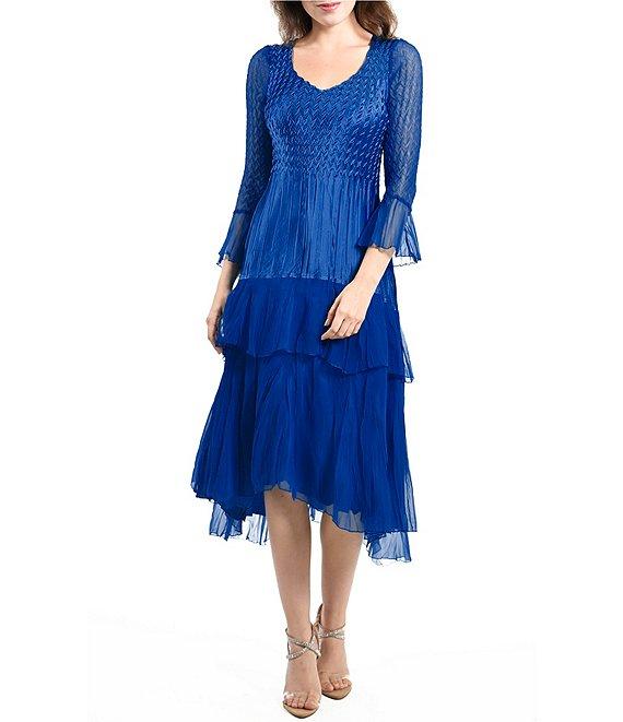 Komarov Charmeuse Lace V Neck 3/4 Sleeve Tiered Midi Dress Product Image
