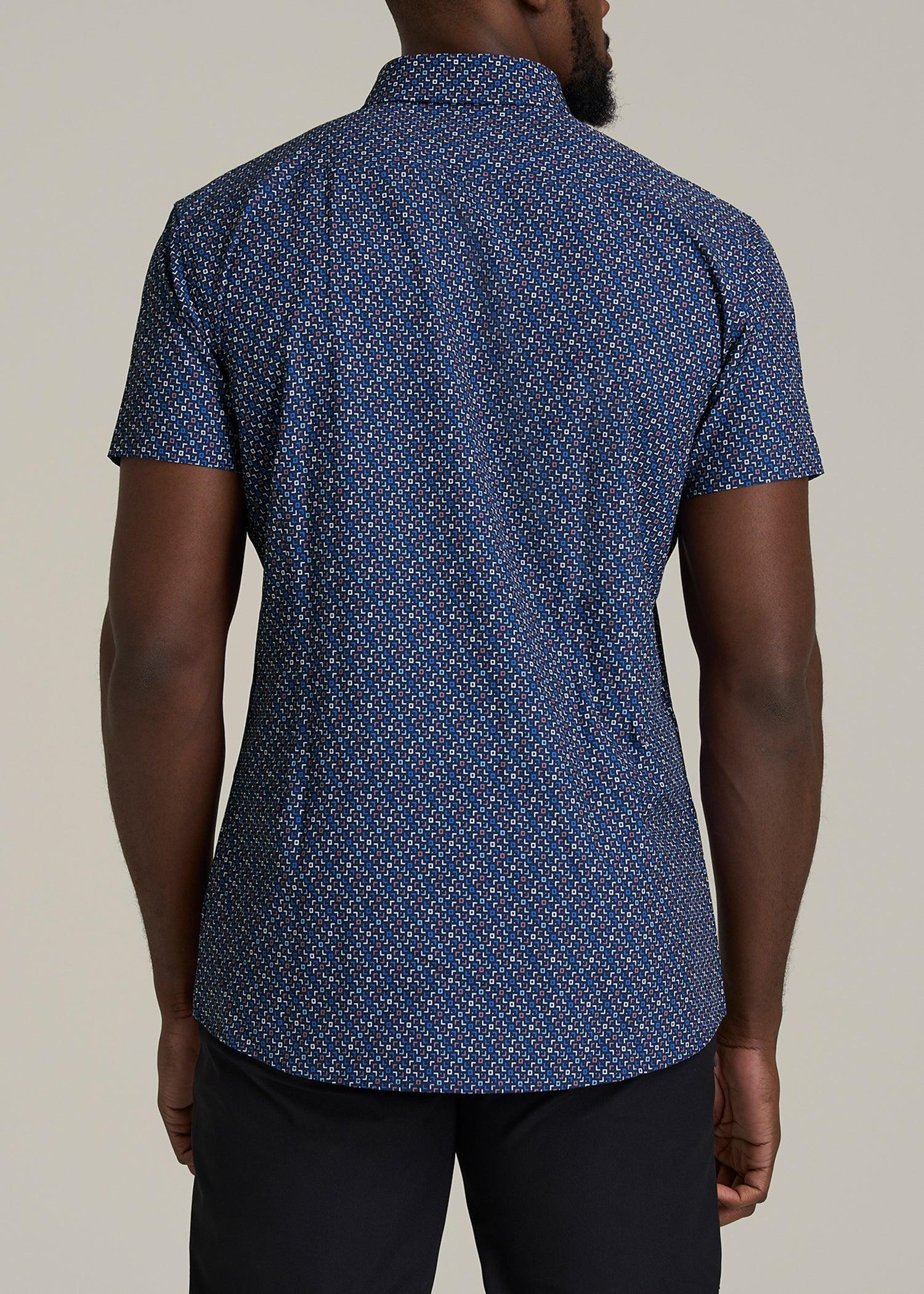 Short Sleeve Traveler Stretch Button Shirt for Tall Men in Blue Fleck Male Product Image