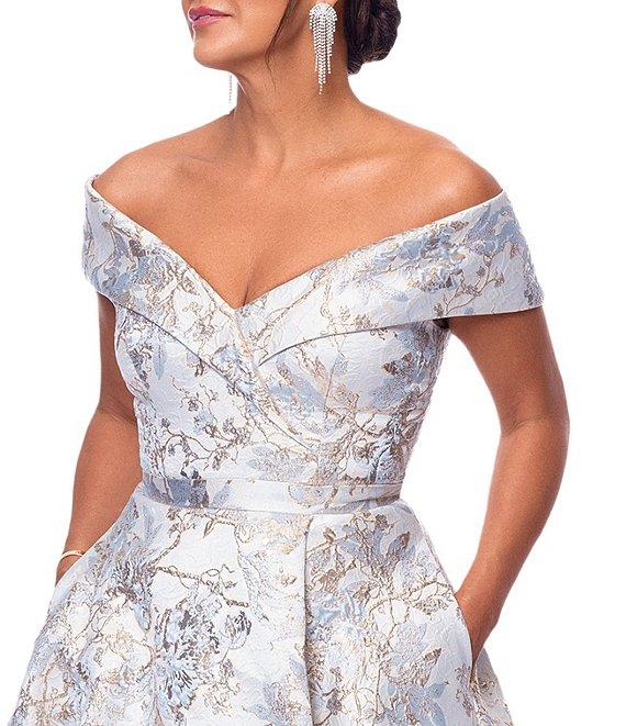 Xscape Brocade Floral Print Sweetheart Neck Short Sleeve A-Line Gown Product Image