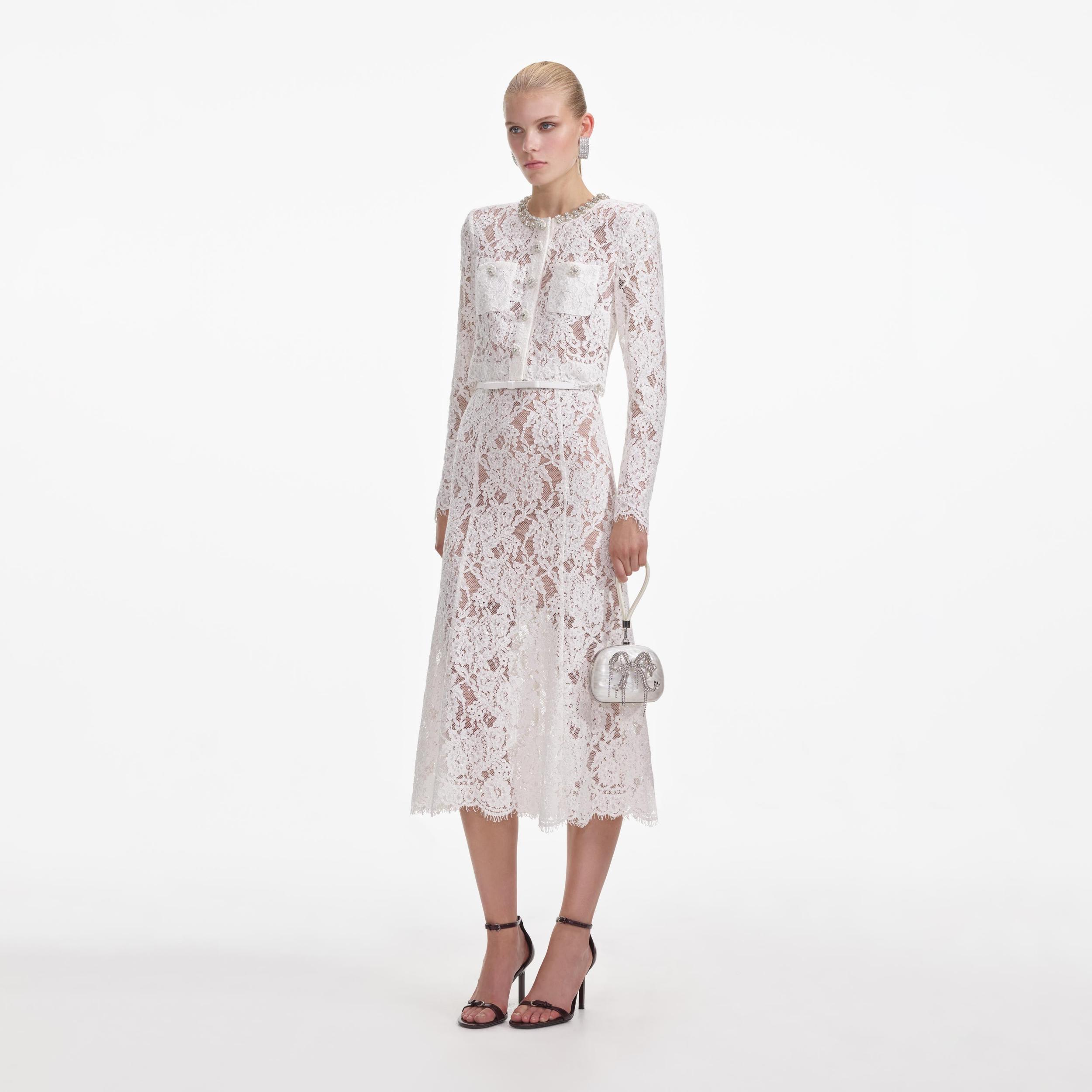 White Lace Embellished Midi Dress Product Image