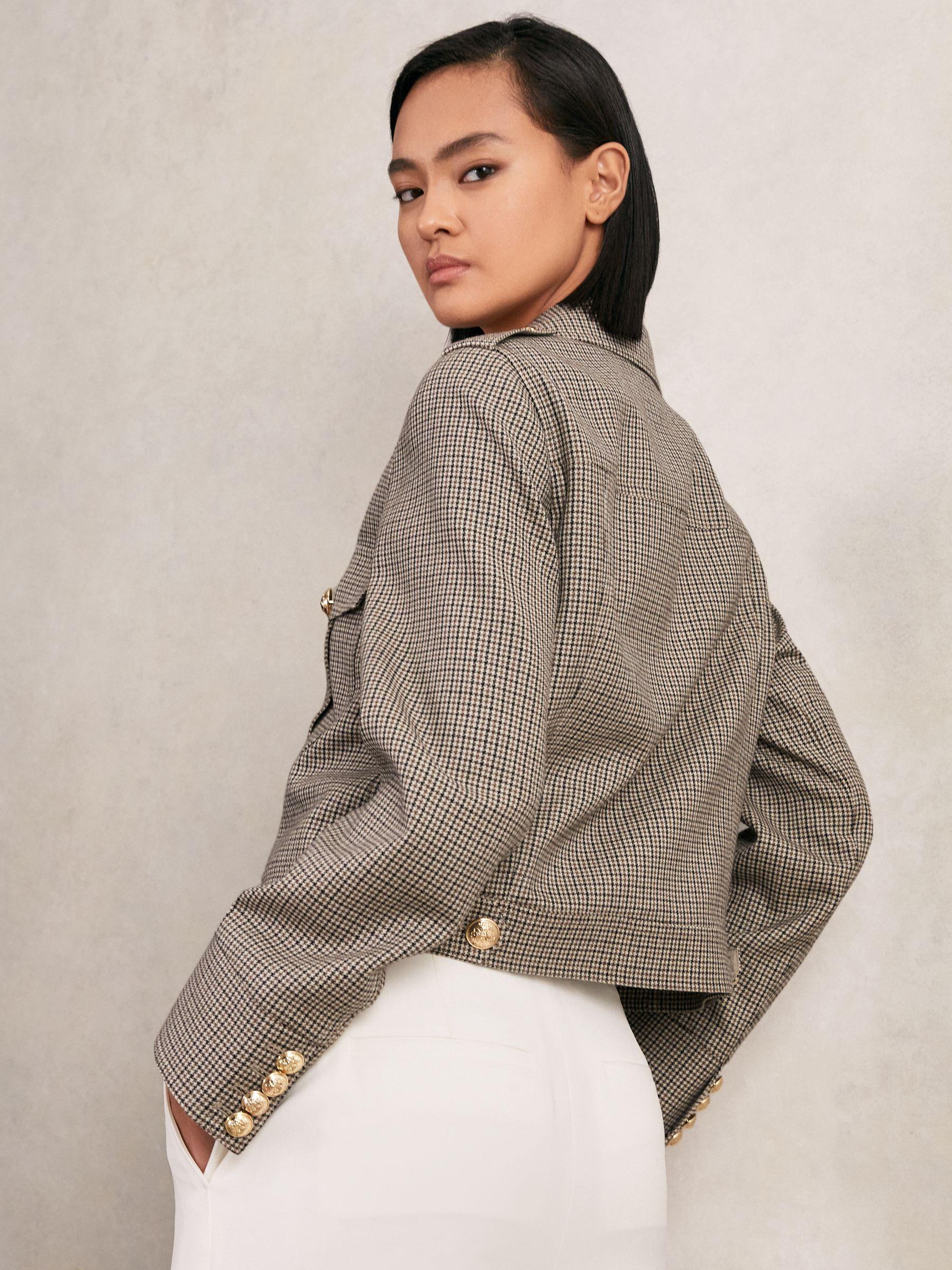 Wool Twin-Pocket Cropped Jacket in Neutral Check Product Image
