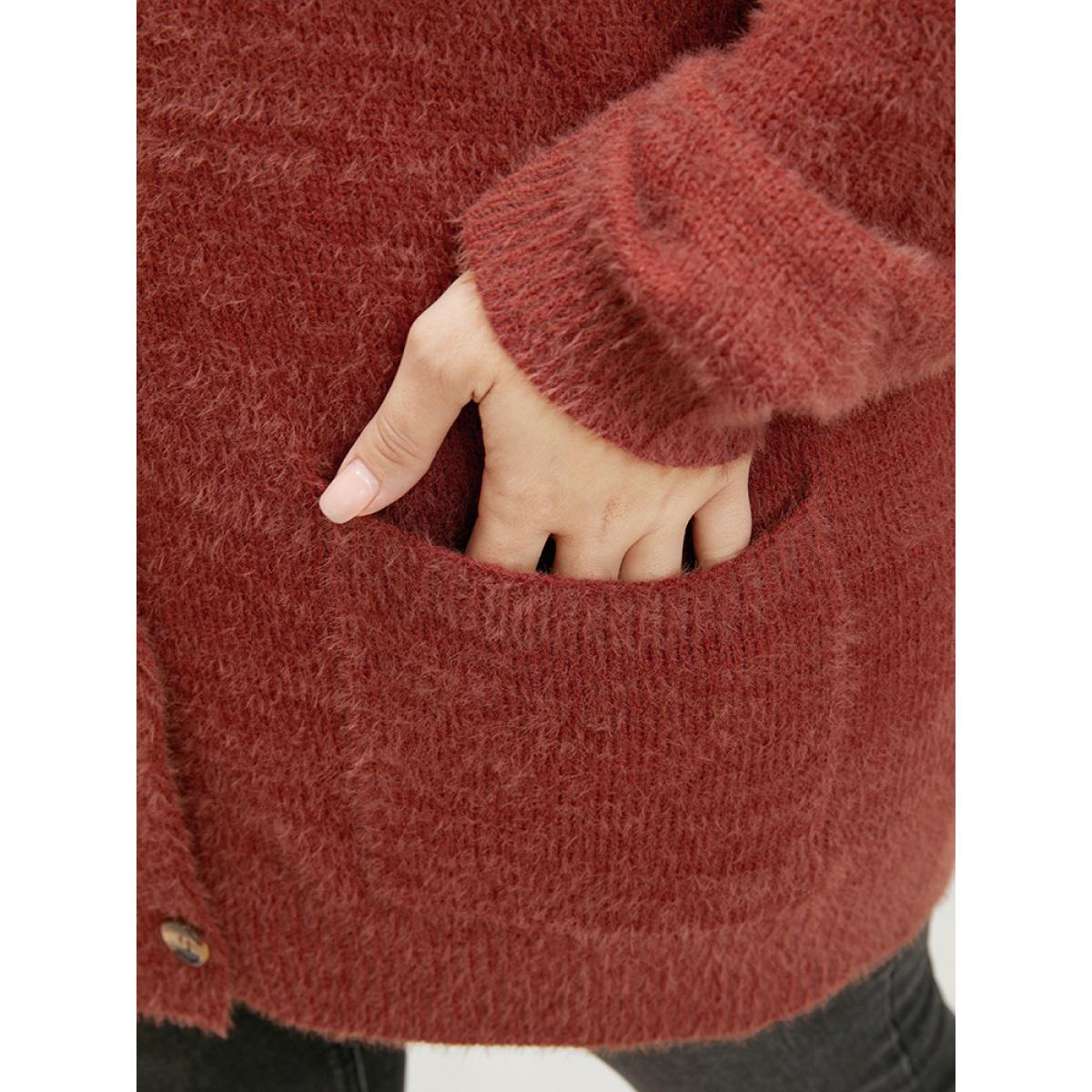 Plus Size Solid Pointelle Knit Pocket Button Front Heather Cardigan Maroon Women Casual Loose Long Sleeve Dailywear Cardigans BloomChic 18-20/2X Product Image