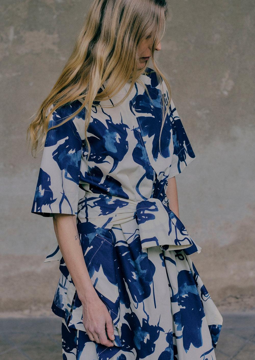 Pen And Ink Print Cotton Poplin Dress | Ink Blue Product Image