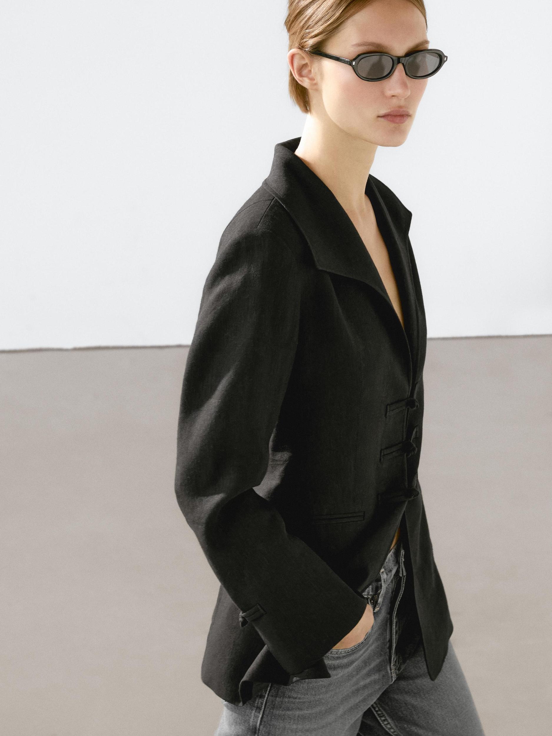 Linen blend blazer with fastening detail Product Image