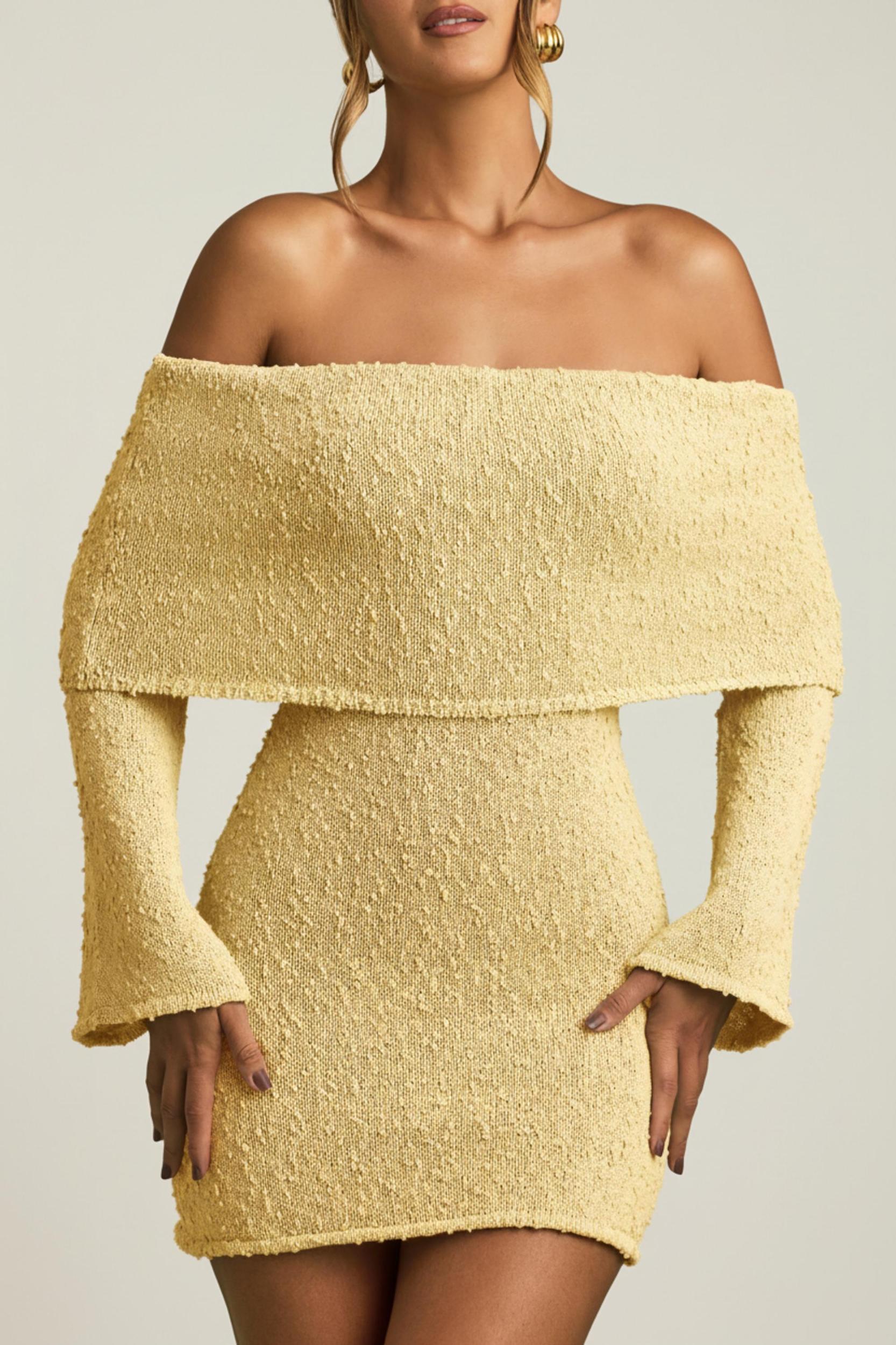 Bouclé Off-Shoulder Mini Dress in Yellow Product Image