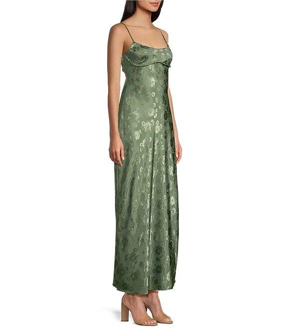 Allison & Kelly Satin Floral Jacquard Scoop Neck Spaghetti Strap Back Cut-Out Midi Dress Product Image