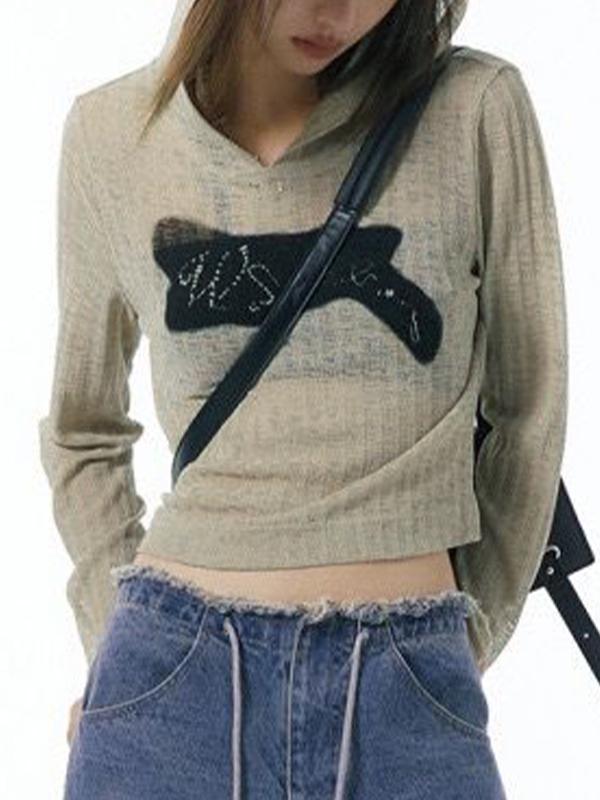 Print Patched Ribbed Design Thin Long Sleeve Knit Product Image