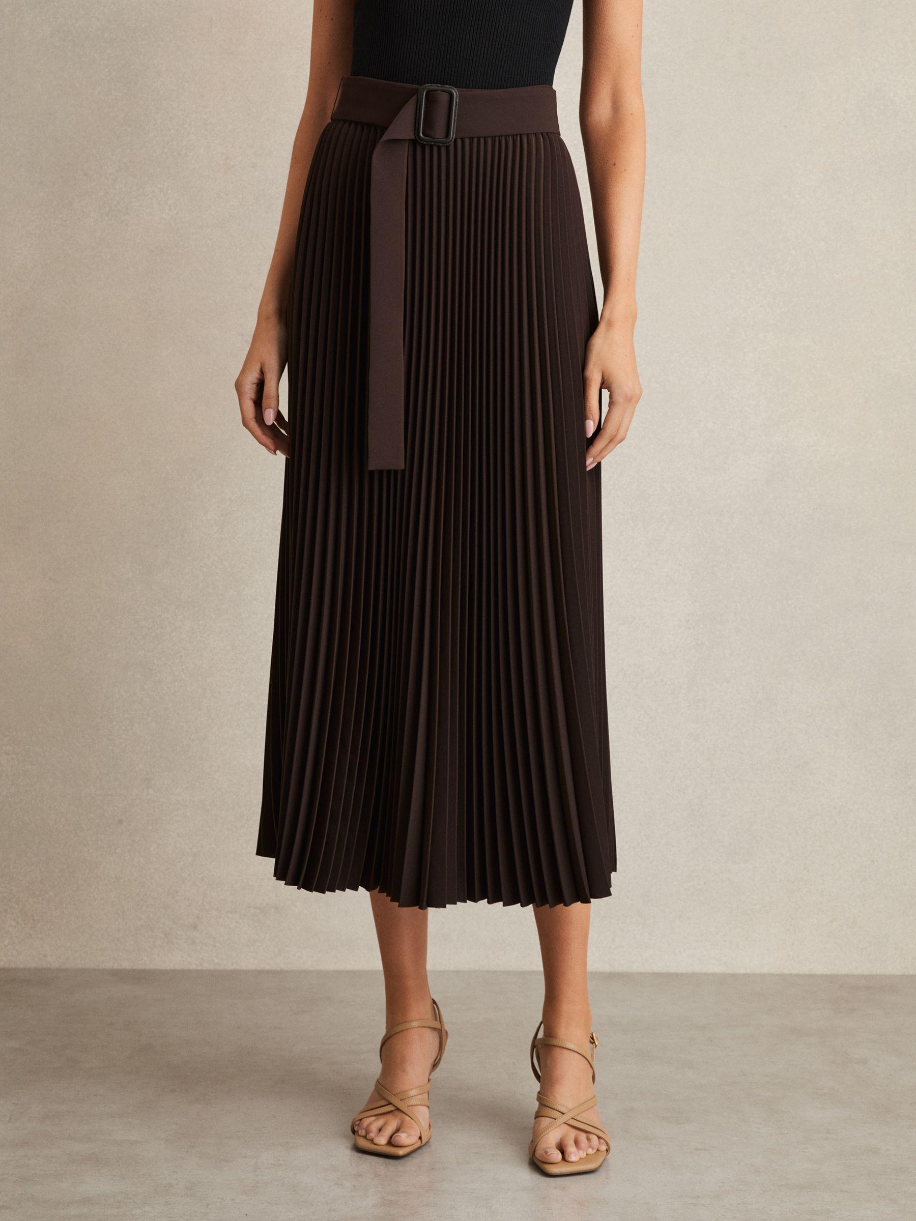 Pleated Belted Midi Skirt in Chocolate Brown Product Image