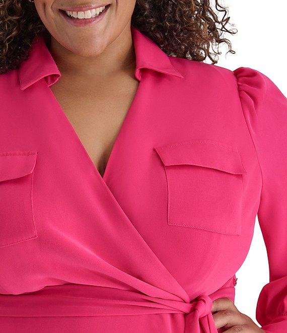 DKNY by Donna Karan Plus Size Collared V-Neck Long Sleeve Tie Waist Shirtdress Product Image