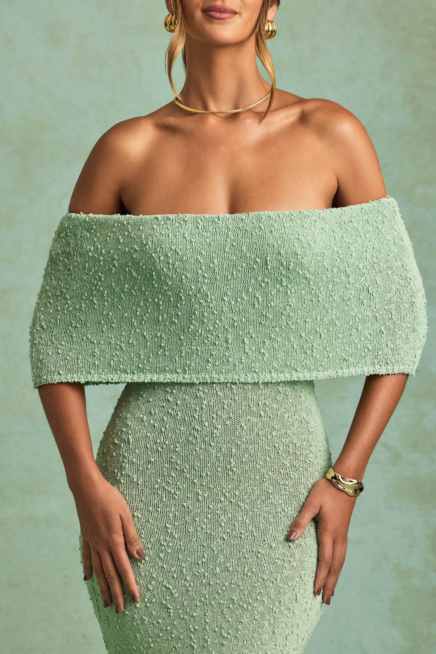 Bouclé Off-Shoulder Maxi Dress in Mint Girls Product Image