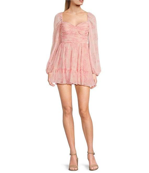 B. Darlin Floral Print Sweetheart Neck Long Sleeve Ruffle Dress Product Image