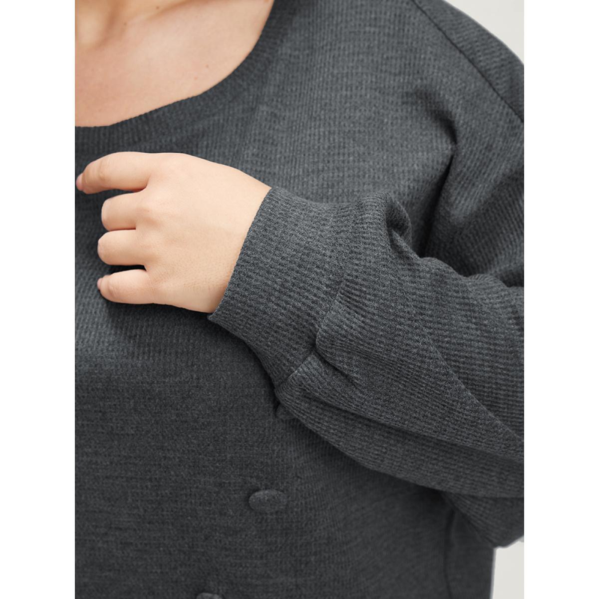Plus Size Solid Button Detail Round Neck Waffle Knit Sweatshirt Women DimGray Elegant Button Round Neck Dailywear Sweatshirts BloomChic 28/5X Product Image