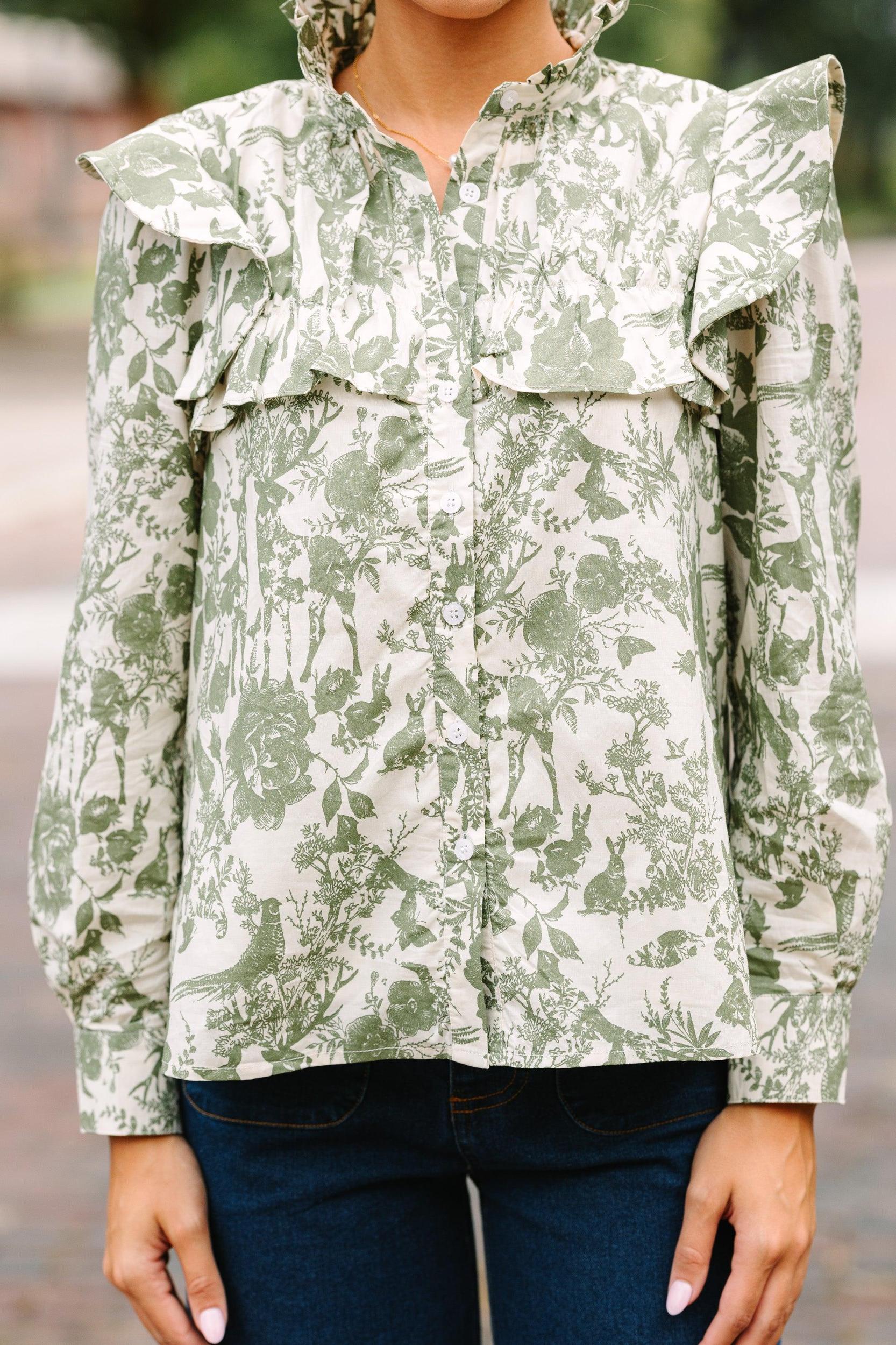 On Your Time Olive Green Toile Button Down Blouse Female Product Image