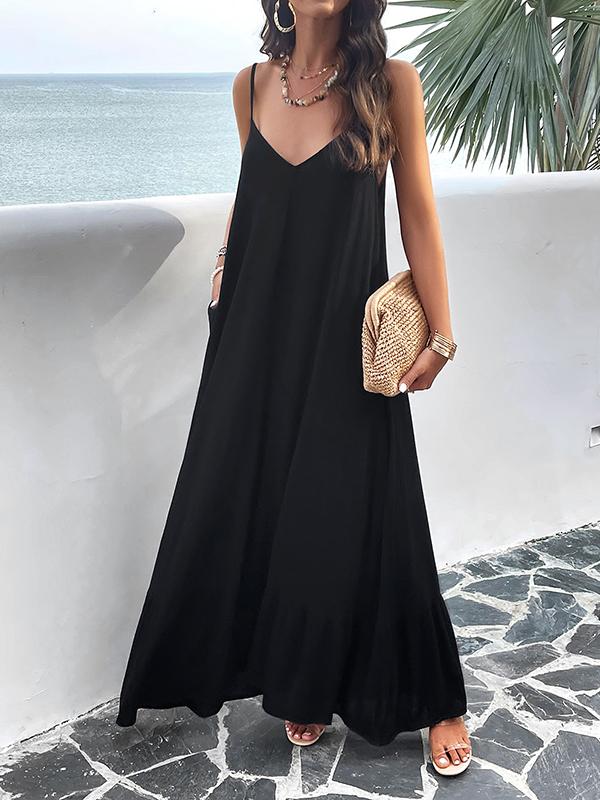 Loose Sleeveless Pleated Solid Color Split-Joint Spaghetti-Neck Maxi Dresses Product Image