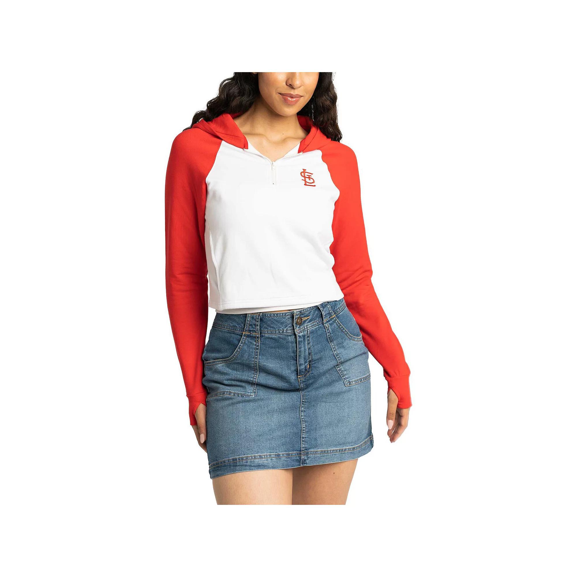 Women's Lusso White Atlanta Braves Jane Raglan Quarter-Zip Tri-Blend Cropped Pullover Hoodie, Size: 2XL Product Image